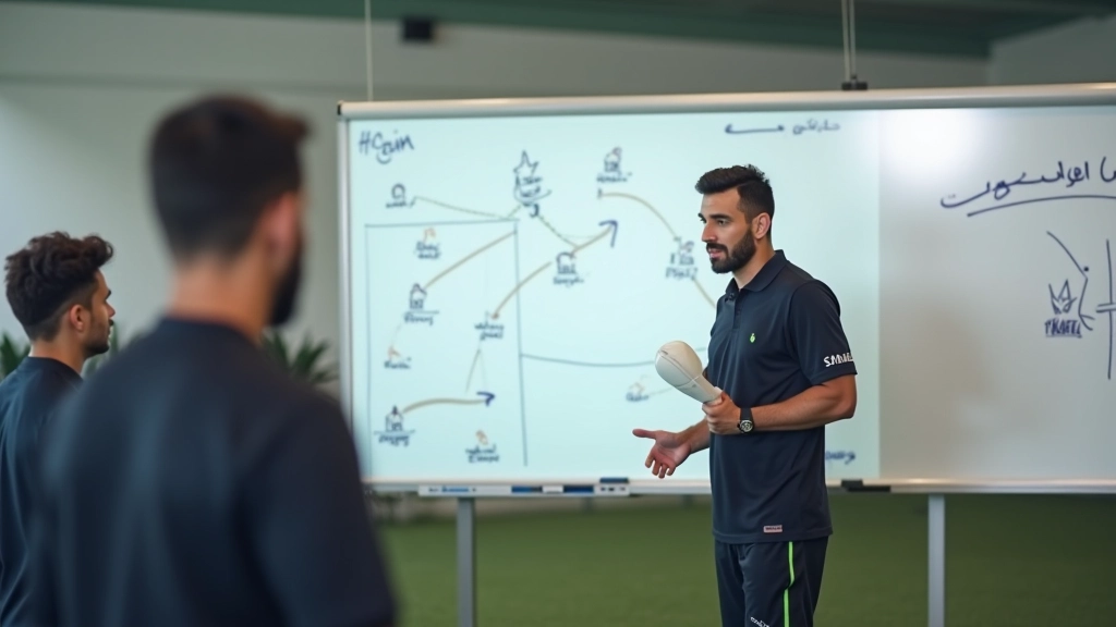 مدرب متخصص يقدم درس تكتيكي لمجموعة من لاعبي الناشئين حول السبورة