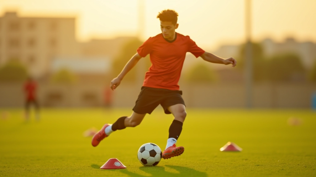 لاعب شاب يمارس تمارين تحسين التحكم بالكرة بمفرده على ملعب التدريب