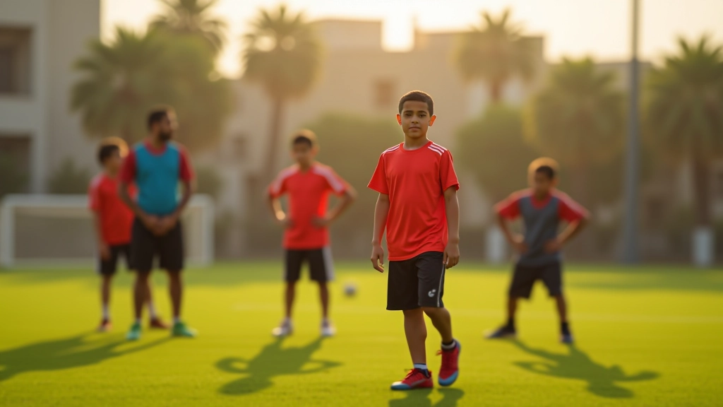 مجموعة من لاعبي الناشئين يقومون بتمارين الإحماء على ملعب كرة قدم احترافي مع مدرب